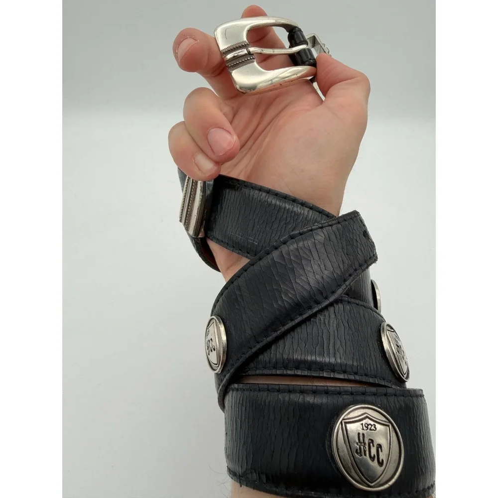 Vintage Men Black Leather HCC 1923 Shield Concho Belt Silver Buckle Size 42/105
